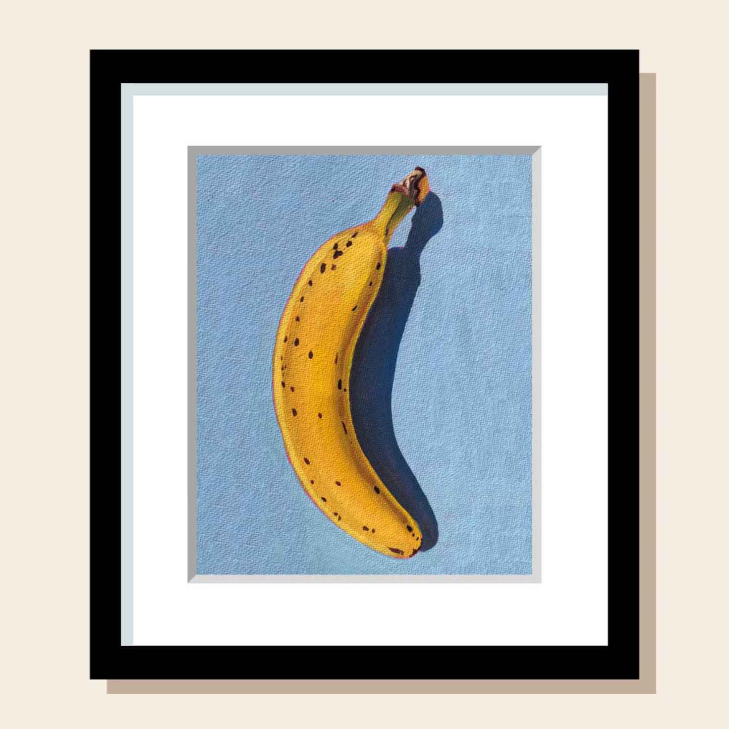 This painting art print features a banana on a blue surface painted in a realistic style.