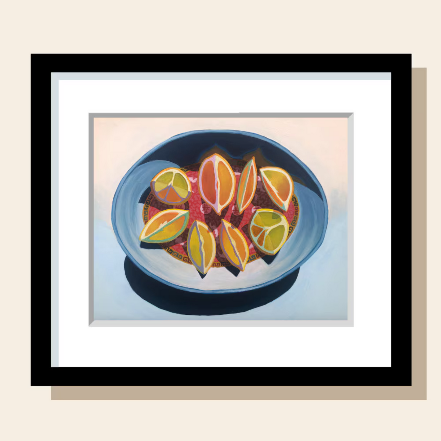 This art print depicts lemon and orange slices arranged in a platter with the Chinese longevity pattern.