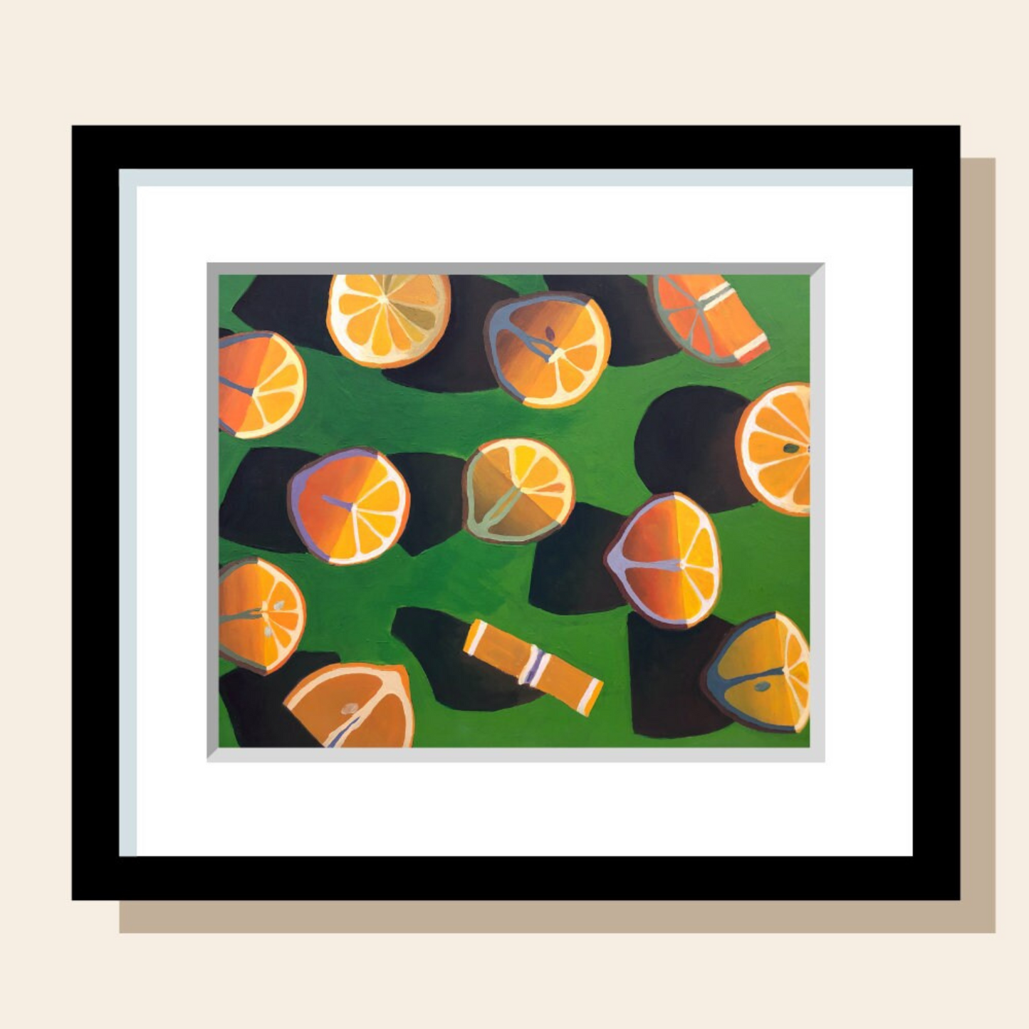 This painting art print features an array of yellow and orange citrus slices cut and spread across a bright green surface.