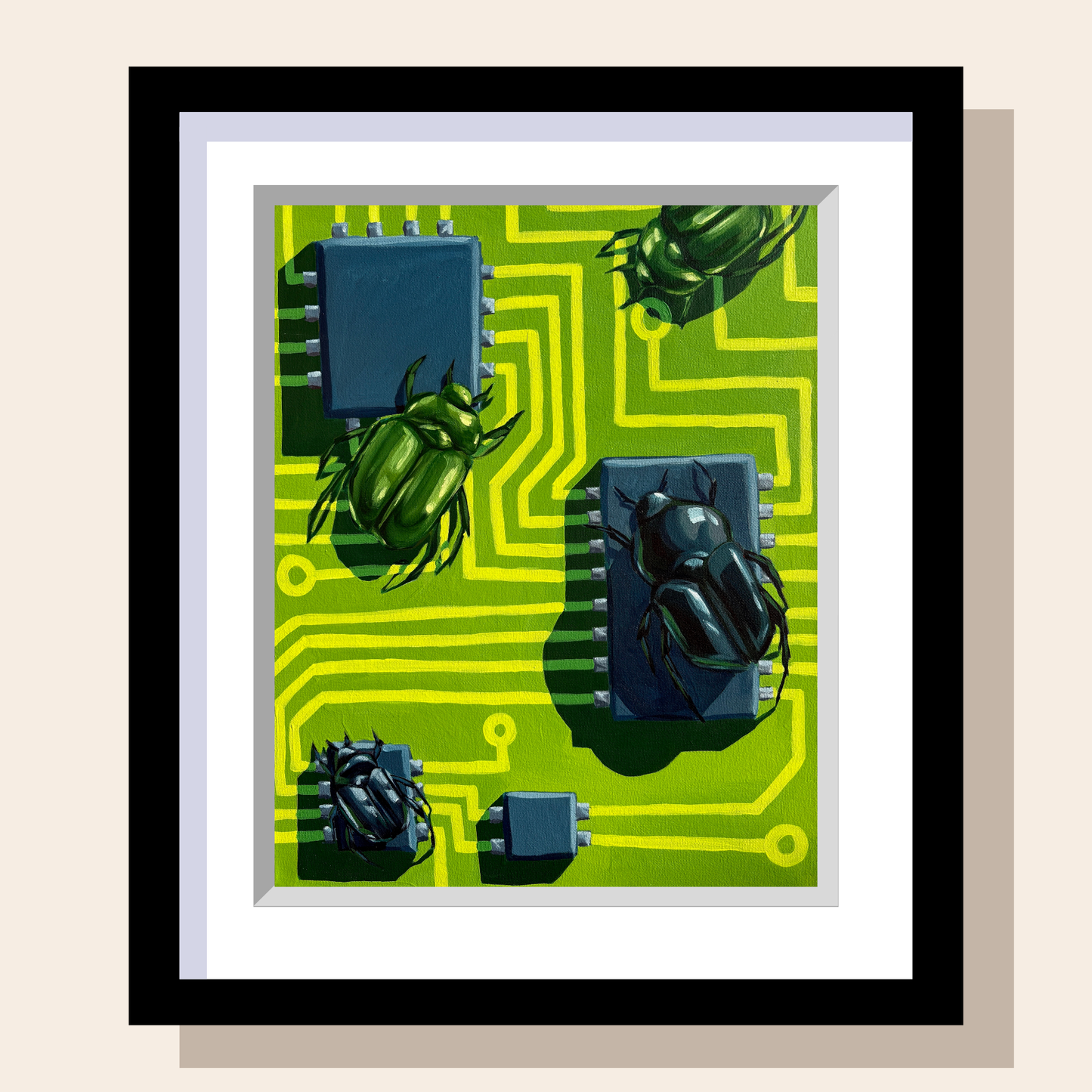 This painting depicts black and green beetles crawling over a bright green circuit board with IC chips.