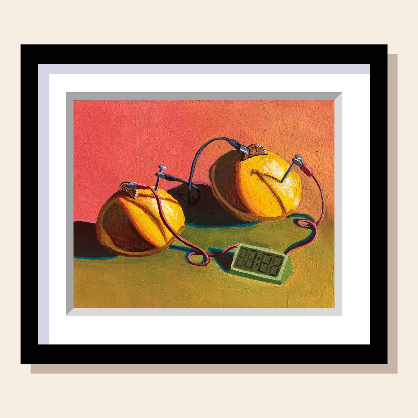 This painting depicts the lemon Battery experiment. 2 Lemons connected by wires to a clock with pennies. Set on an orangey-red and green background.