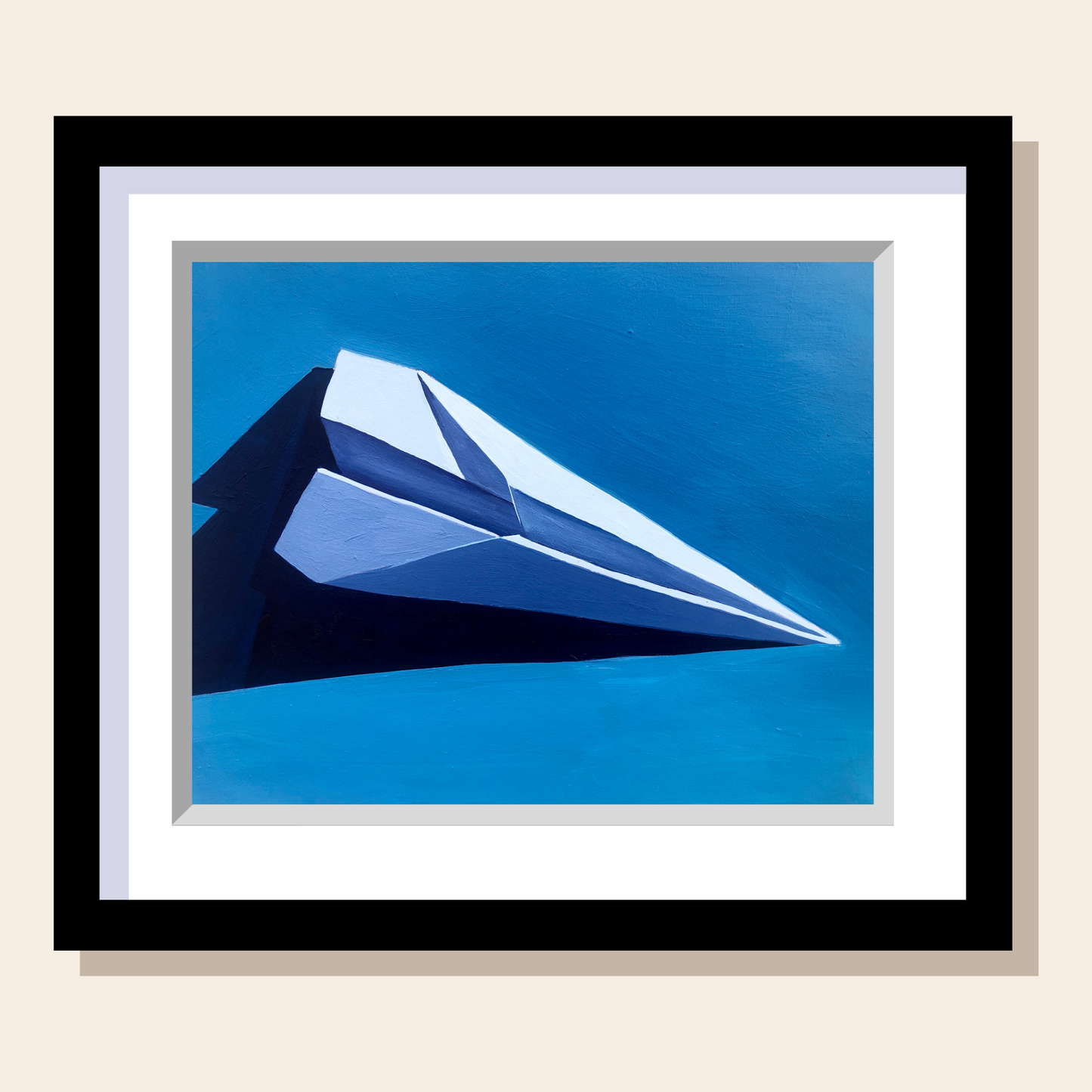This painting depicts a white paper airplane on a blue background casting a dramatic shadow.