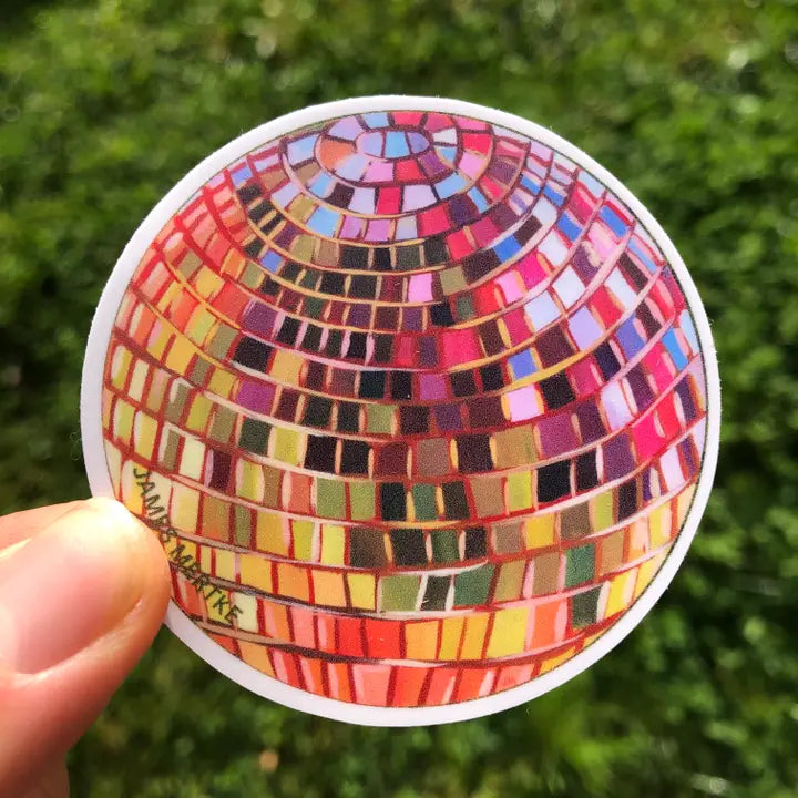 This sticker features a painting of a disco ball with pink, purple, and yellow colors.
