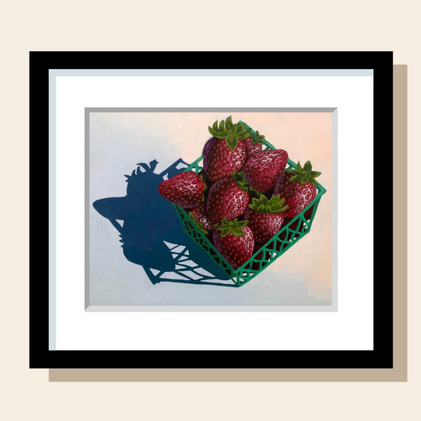 This painting art print features a green basket full of strawberries casting a dramatic shadow.