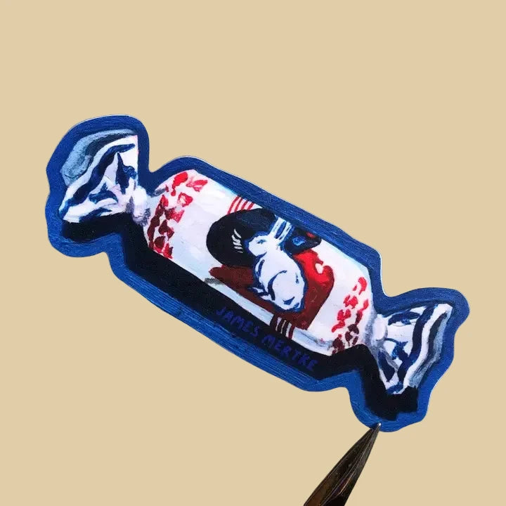 This sticker depicts a painting of the popular Chinese White Rabbit candy with a dark blue outline.