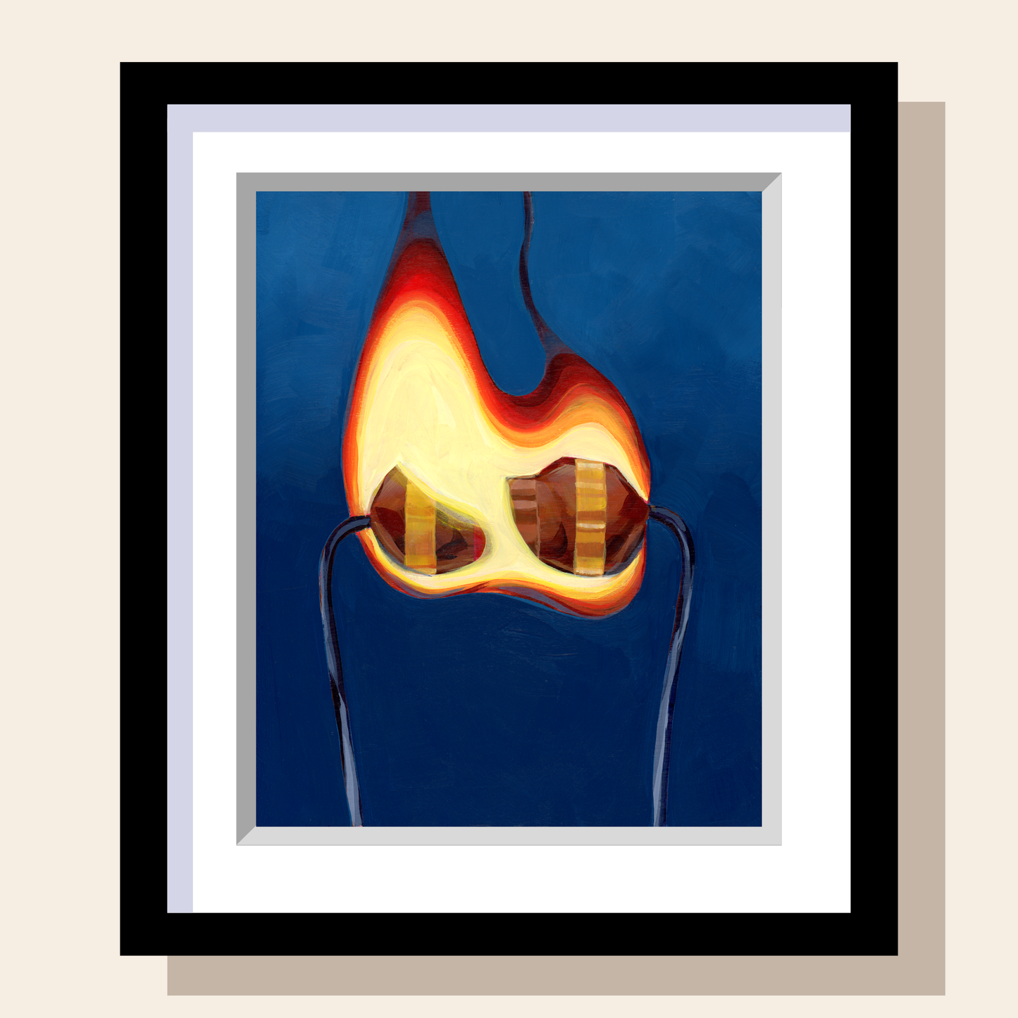 This print features a painting of a resistor that caught on fire in front of a dark blue background. 