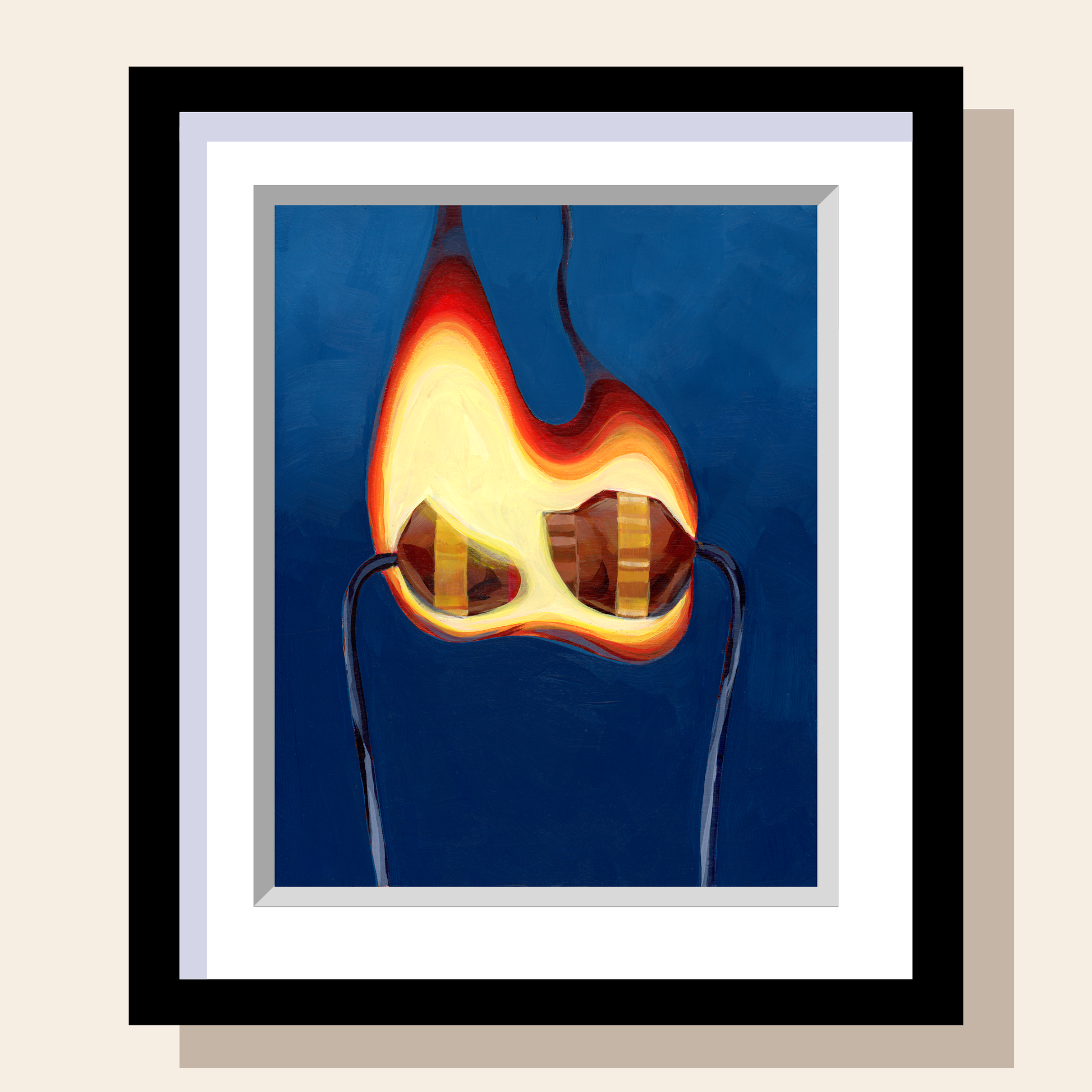 This print features a painting of a resistor that caught on fire in front of a dark blue background. 