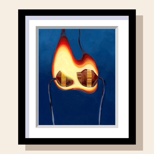 This print features a painting of a resistor that caught on fire in front of a dark blue background. 