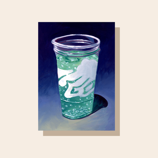 The print features a teal Baja Blast drink in a clear cup set on a dark purple background.