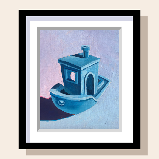 This painting depicts a common 3D printing calibration print known as "Benchy". It's a blue tugboat set on a blue and purple background. 