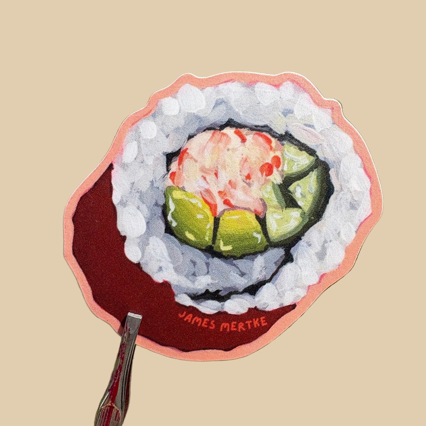 A sticker of a California roll sushi sticker.