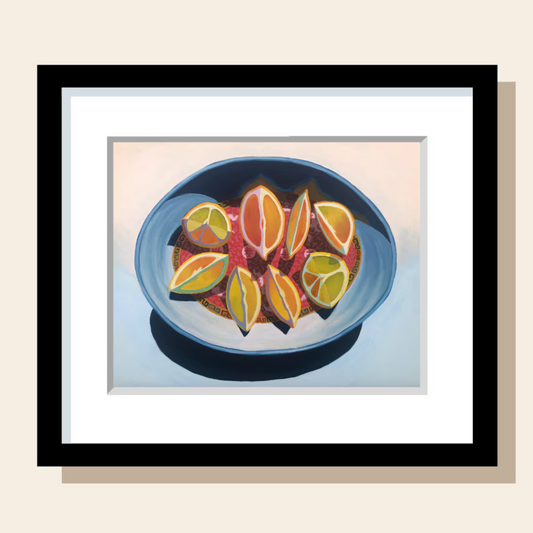 This art print depicts lemon and orange slices arranged in a platter with the Chinese longevity pattern.