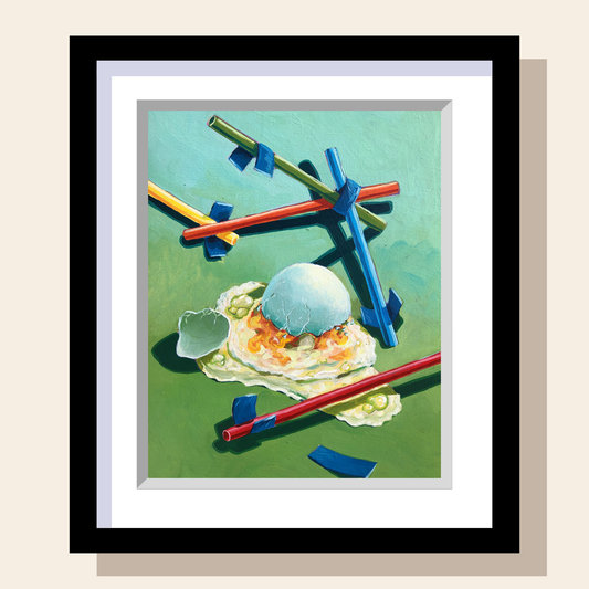 This painting depicts a failed egg drop challenge. A cracked egg is surrounded by colorful dispersed straws and unwound tape. The background is green and blue. 
