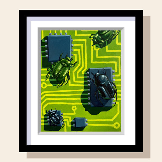 This painting depicts black and green beetles crawling over a bright green circuit board with IC chips. 