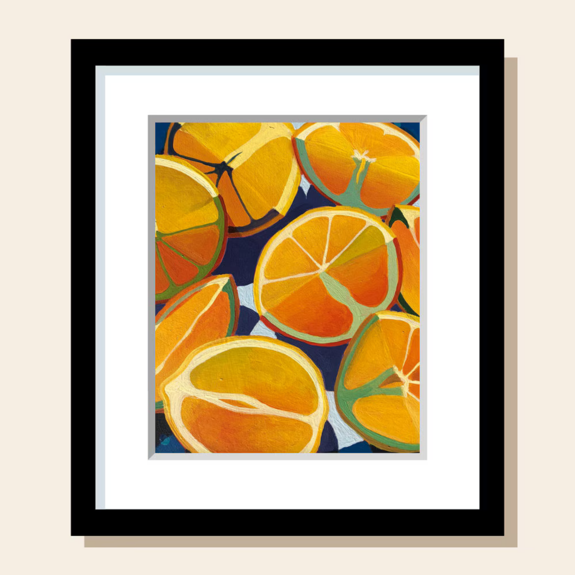 This painting art print features a close up of several orange and yellow citrus slices. The colors are saturated and bold.