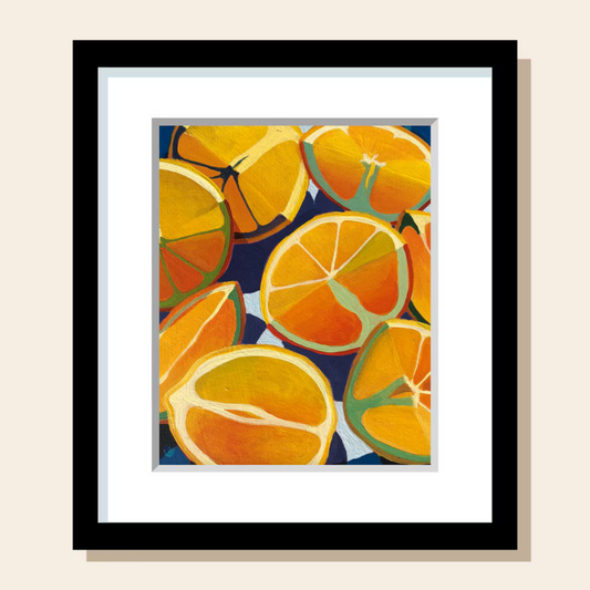 This painting art print features a close up of several orange and yellow citrus slices. The colors are saturated and bold.