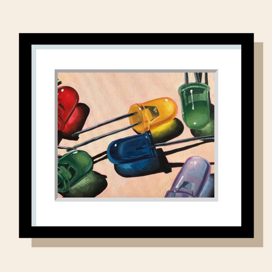 This painting art print features LED electrical components in red, yellow, green, blue, and white.