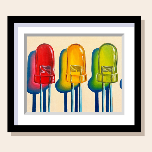 This painting depicts a red, yellow, and green LED side by side. Each cast a dramatic shadow to the left.