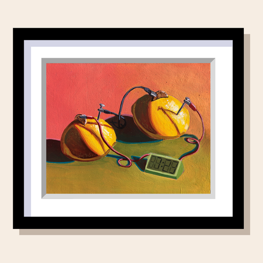 This painting depicts the lemon Battery experiment. 2 Lemons connected by wires to a clock with pennies. Set on an orangey-red and green background. 