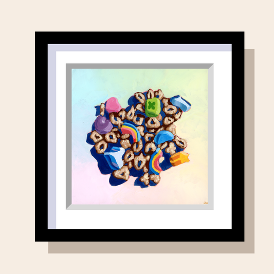 Artwork of a pile of marshmallow cereal on a pale colorful background. 