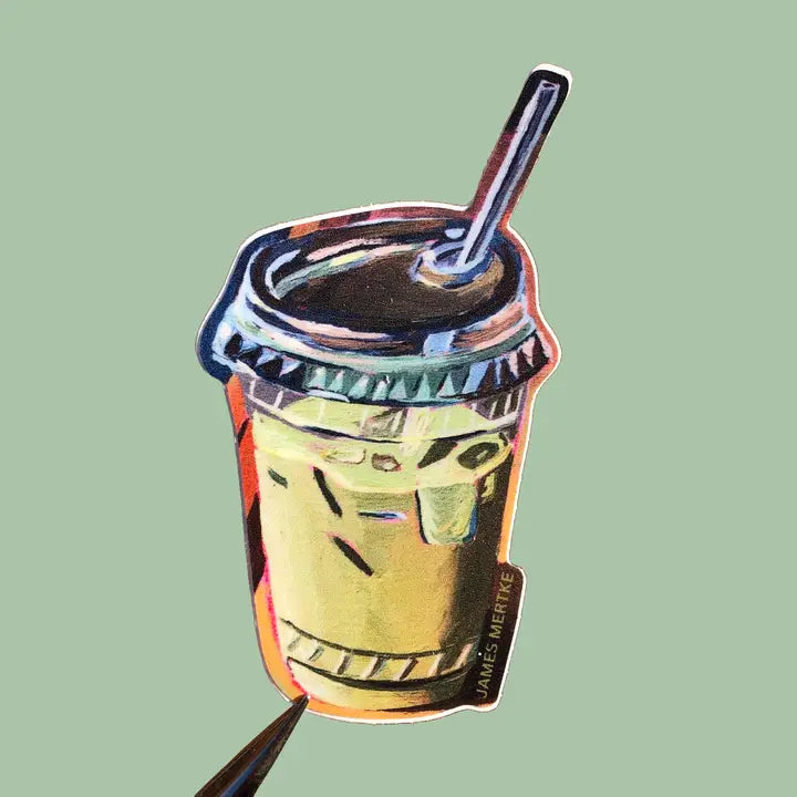 This sticker depicts an iced matcha latte in a to-go cup with a straw sticking out the top.