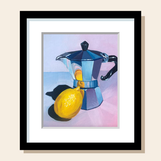 This painting art print features a moka pot and lemon on a pastel blue and pink surface.