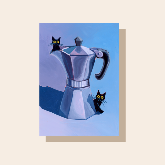 This art print features two black cats with big yellow eyes playing with a moka coffee pot. The painted is created mostly with blue and purple colors.