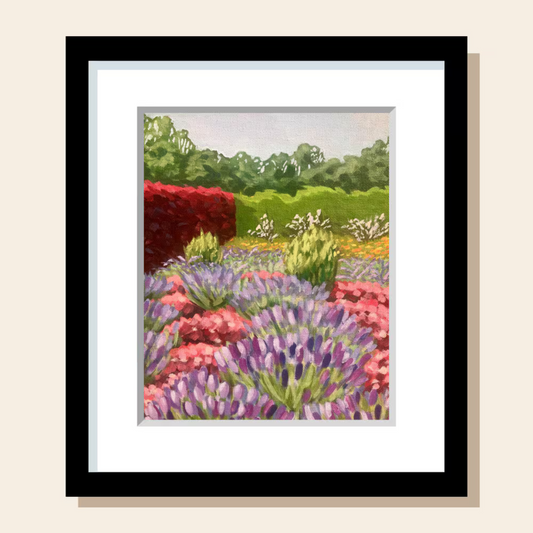 This painting art print depicts a calm garden scene with lush vegetation. The tall hedges, lavender bushes, and other foliage crate a beautiful scene. 