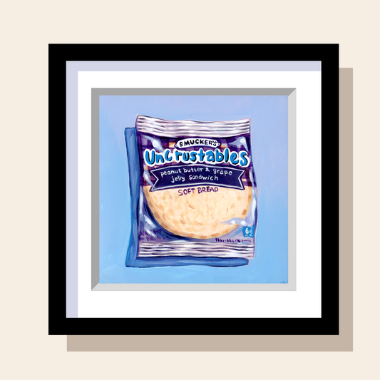 Artwork of a Smucker's Uncrustables package on a blue background