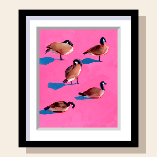 Art print featuring five geese in a stylized painting on a bright pink background. Each goose casts a blue shadow.
