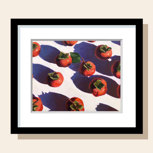 This painting art print shows off a spread of persimmons casting dramatic purple shadows across a white surface.