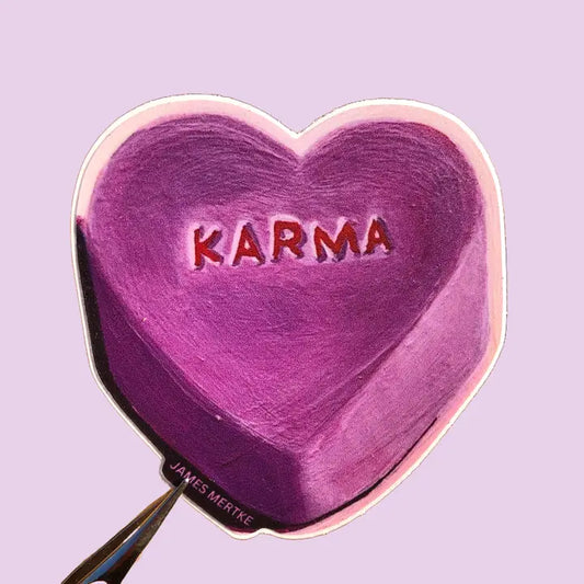 This sticker features a painting of a purple candy conversation heart with the word "KARMA" written on the front.