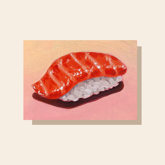 This art print features a painting of salmon nigiri, an orange colored piece of fish on top of a lump of rice. The background is a smooth and pale yellow and orange gradient.