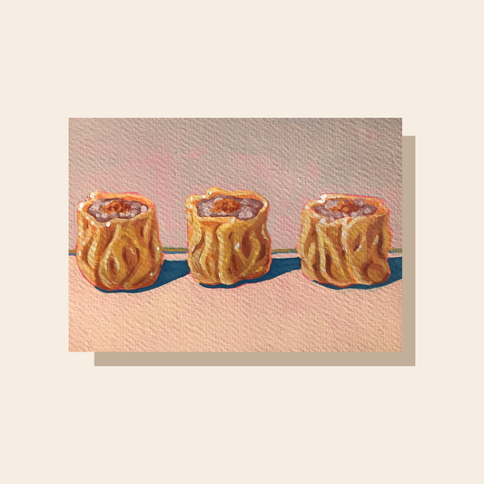 This art print features 3 siu mai in a row on a neutral-colored background.