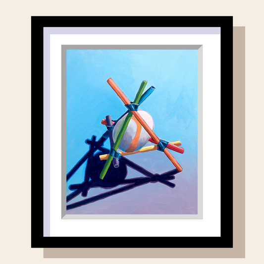 This painting depicts a successful egg drop challenge. Colorful straws are taped together to form a triangular cage around an egg protecting it from breaking when it lands.  Blue and purple background.
