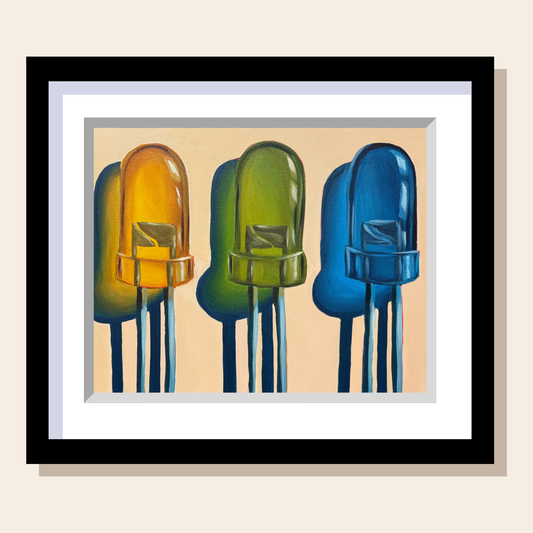 This painting depicts yellow, green, and blue LED side by side. Each cast a dramatic shadow to the left.