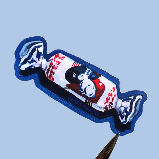 This sticker depicts a painting of the popular Chinese White Rabbit candy with a dark blue outline.